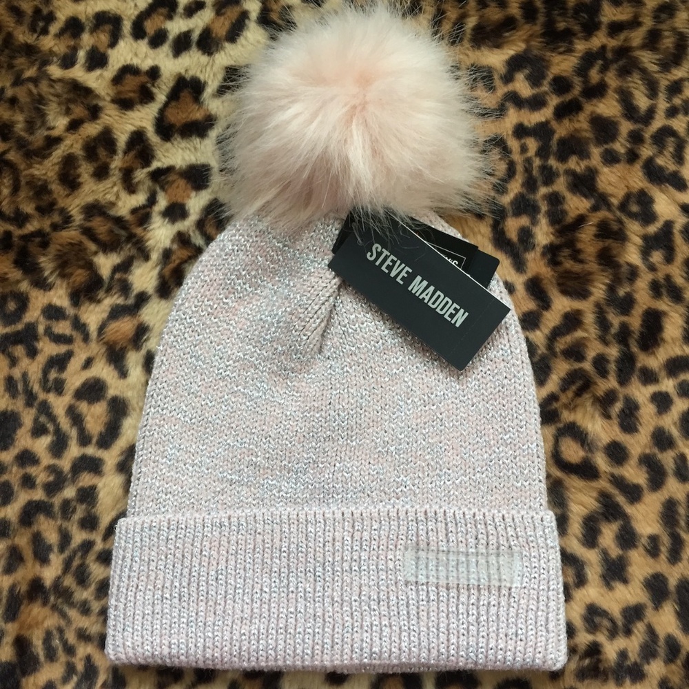 Steve Madden Pink Sparkle Pom Pom Beanie Hat